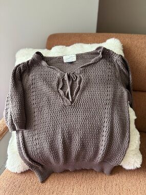 Tie-Neck Open Knit V-Neck